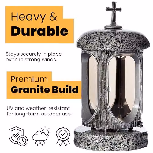 NOVECRAFTO Large Round Granite Memorial Lantern in Grey and Silver with Cross, H: 22 cm – 5