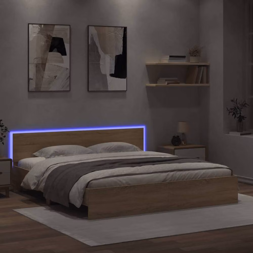 Berkfield Home Super King Bed Frame in Sonoma Oak with LED Under-Bed Lighting and USB Charging Port, Brown, W/D/H: 180 x 200 cm – 2