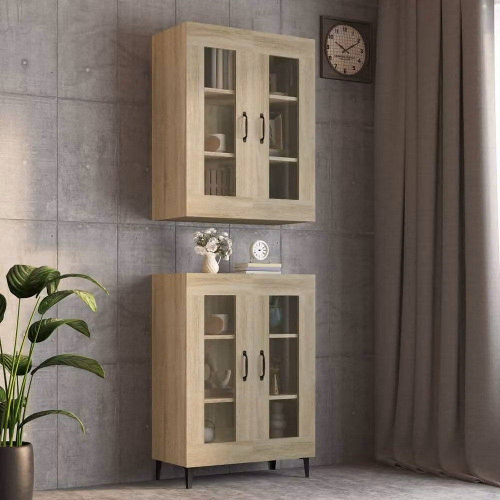 Berkfield Home Hanging Wall Cabinet in Sonoma Oak and Beige with Glass Doors, W/D/H: 69.5 x 34 x 90 cm – 1