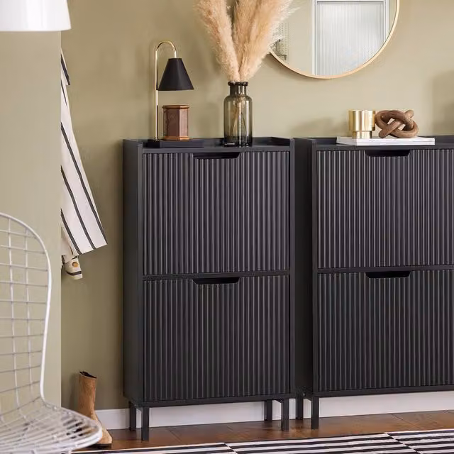 SoBuy Slim Modern Black Matt Shoe Cabinet with Tilting Compartments and Internal Shelves