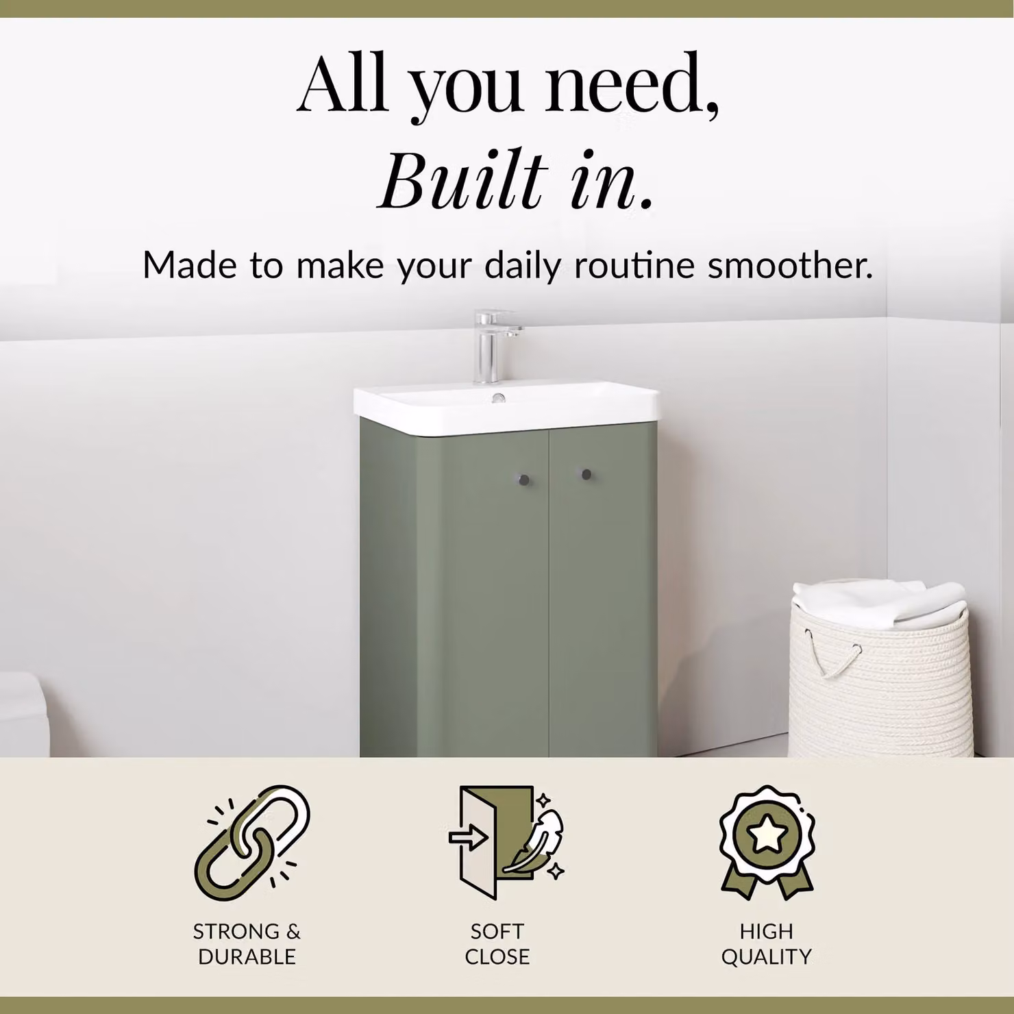 Balterley Modern Freestanding 2 Door Bathroom Floor Vanity Unit with Basin, Satin Green, W: 50.5 cm – 2
