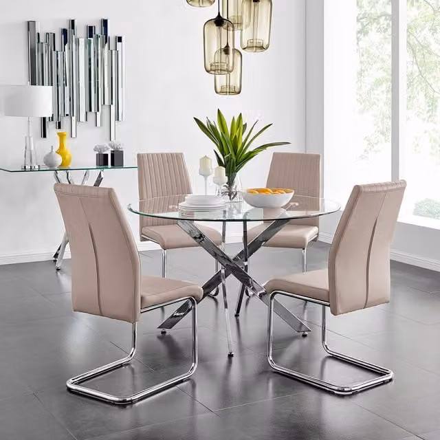 FurnitureboxUK Novara Round Glass Dining Table and 4 Lorenzo Chairs Set in Cappuccino with Chrome Metal Frame, Diameter: 120 cm
