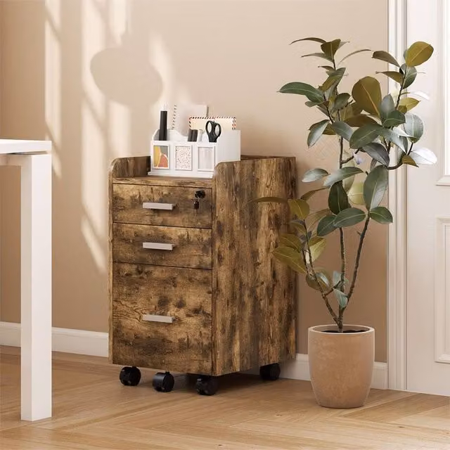 EONLION Brown 3 Drawer Mobile Filing Cabinet with Castors