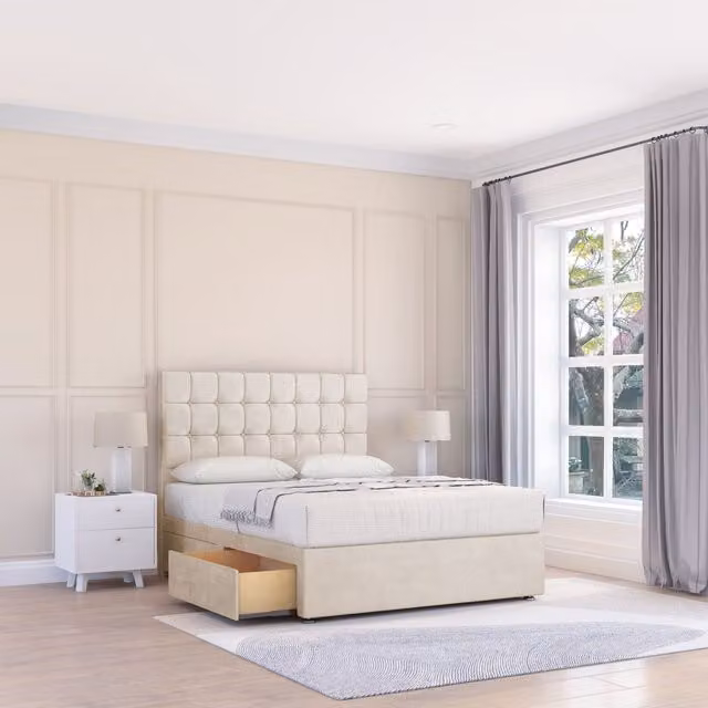 Sloomy Alabama Divan Bed Base and 26 inch Struts Headboard in Beige, W/D/H: 140 x 200 cm
