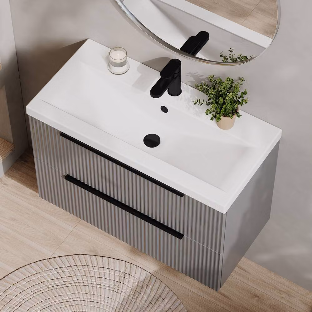 Balterley Fluted Front Wall Hung 2 Drawer Vanity Basin Unit in Satin Grey, Width: 80 cm – 3