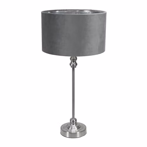 ValueLights Maggie Brushed Chrome Metal Candlestick Table Lamp with Grey Velvet Shade and Warm White Bulb – 1