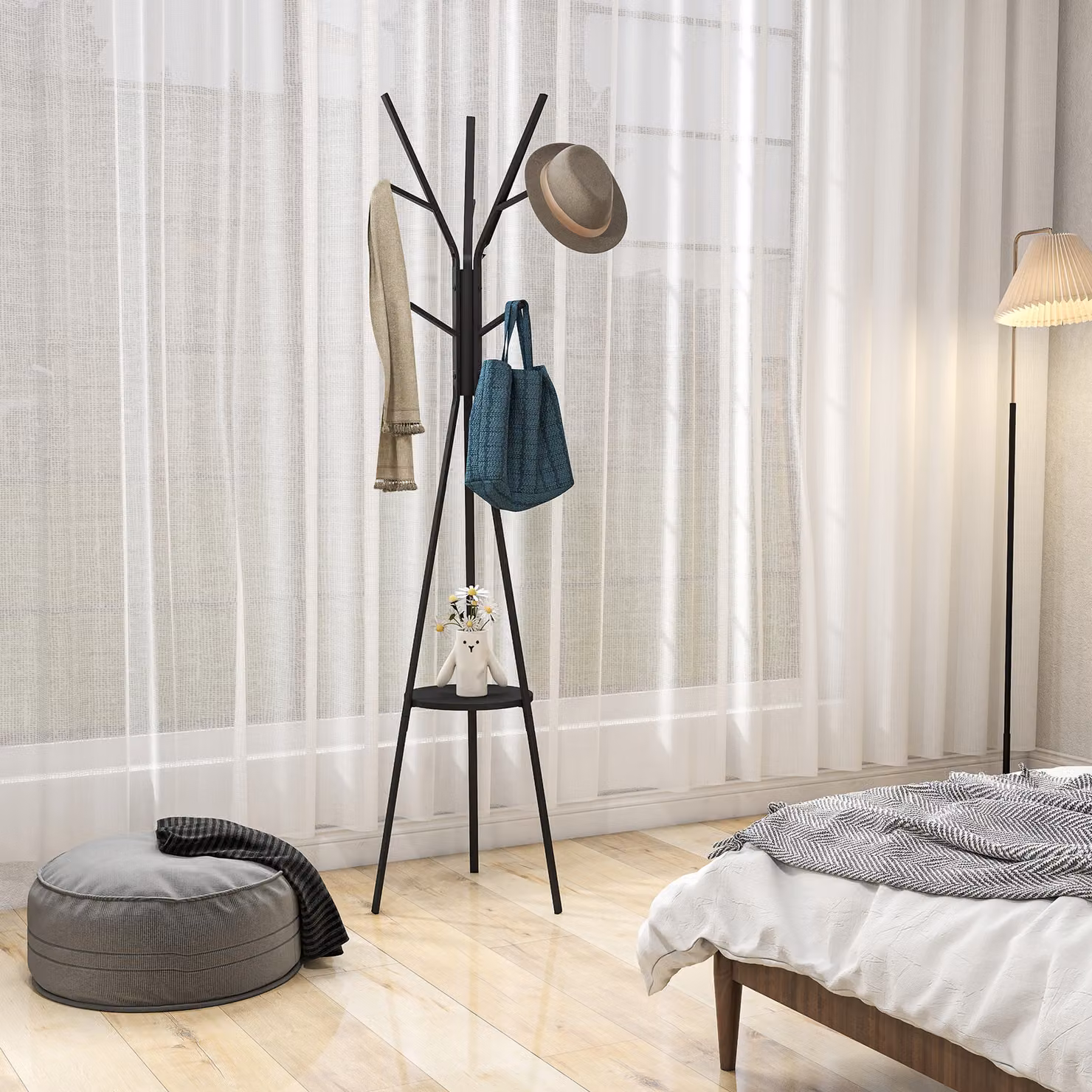 HOMCOM Freestanding Metal Coat Rack with 9 Hooks and Shelf, Black – 2