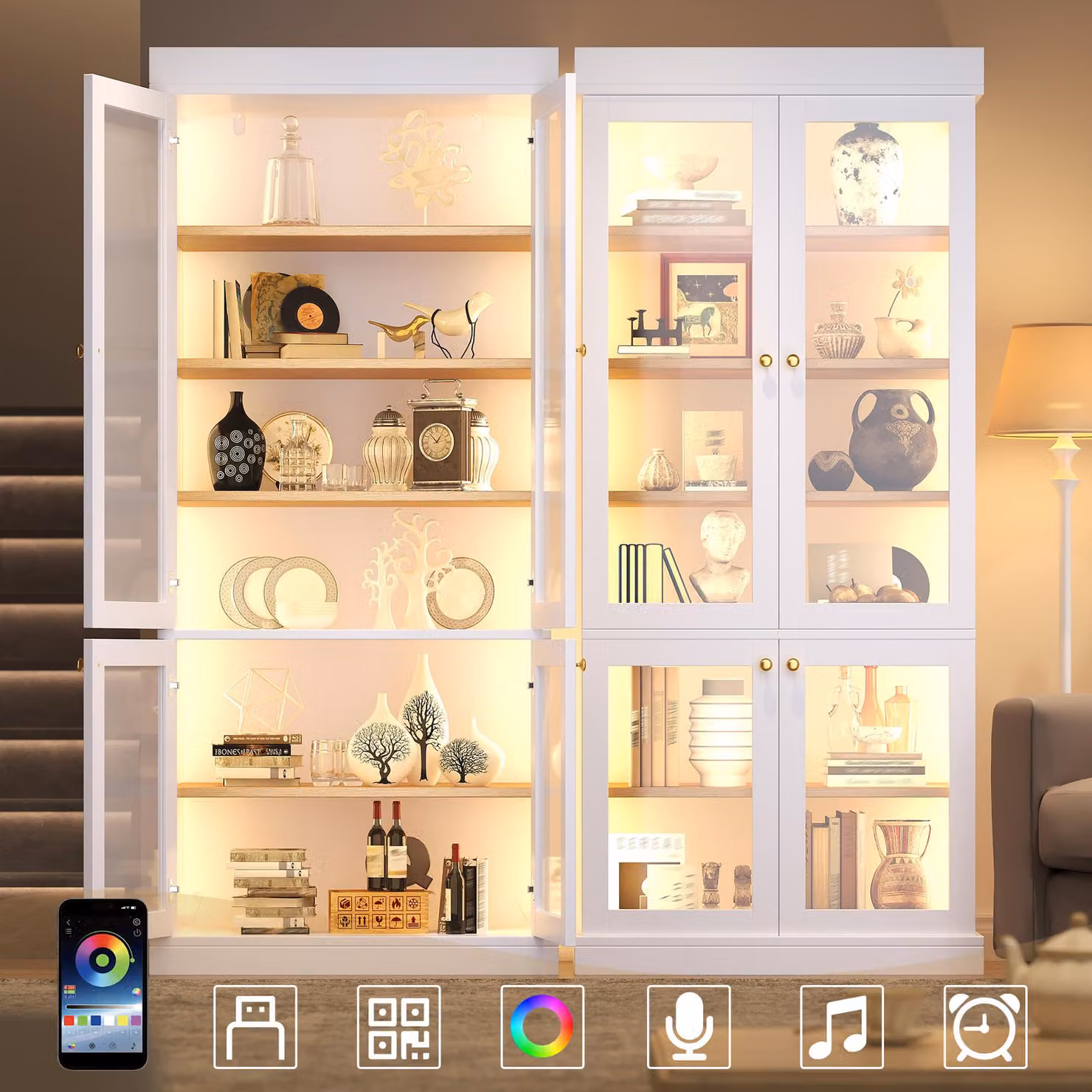 Aosom UK Modern White Display Cabinet with Integrated LED Lighting and Glass Doors, W/D/H: 40 x 40 x 180 cm – 4