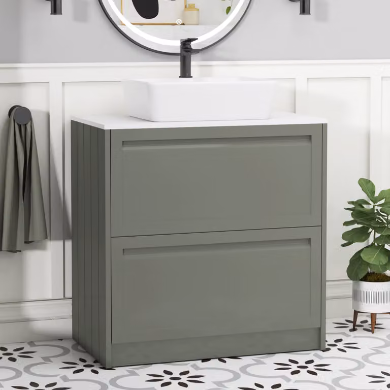 Royal Bathrooms Elmore 800mm Floor Standing Vanity Unit with 2 Drawers, Plain White Worktop and Cube Basin in Matt Green