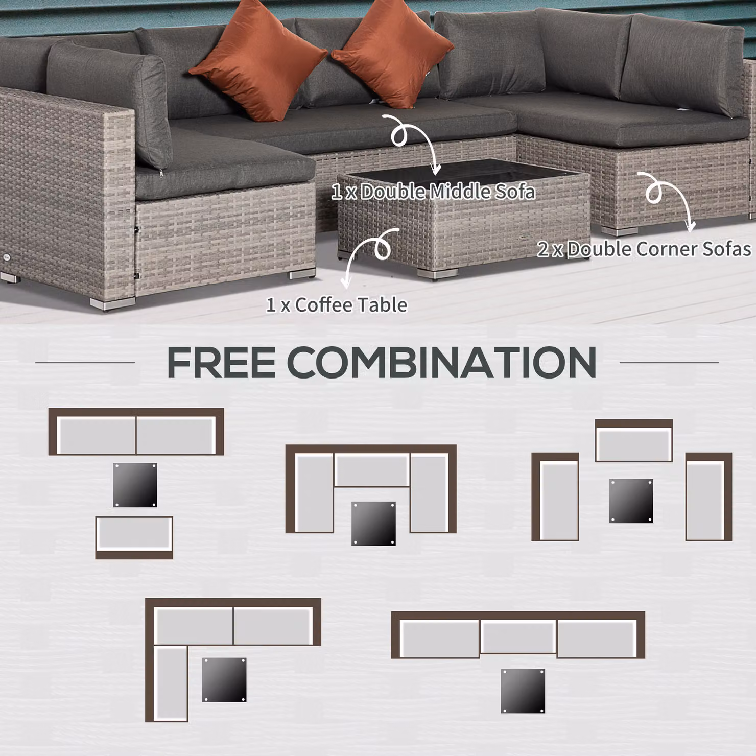 Outsunny 6-Seater L-Shape Garden Rattan Furniture Set with Upholstered Cushions and Tempered Glass Coffee Table in Black and Grey – 6