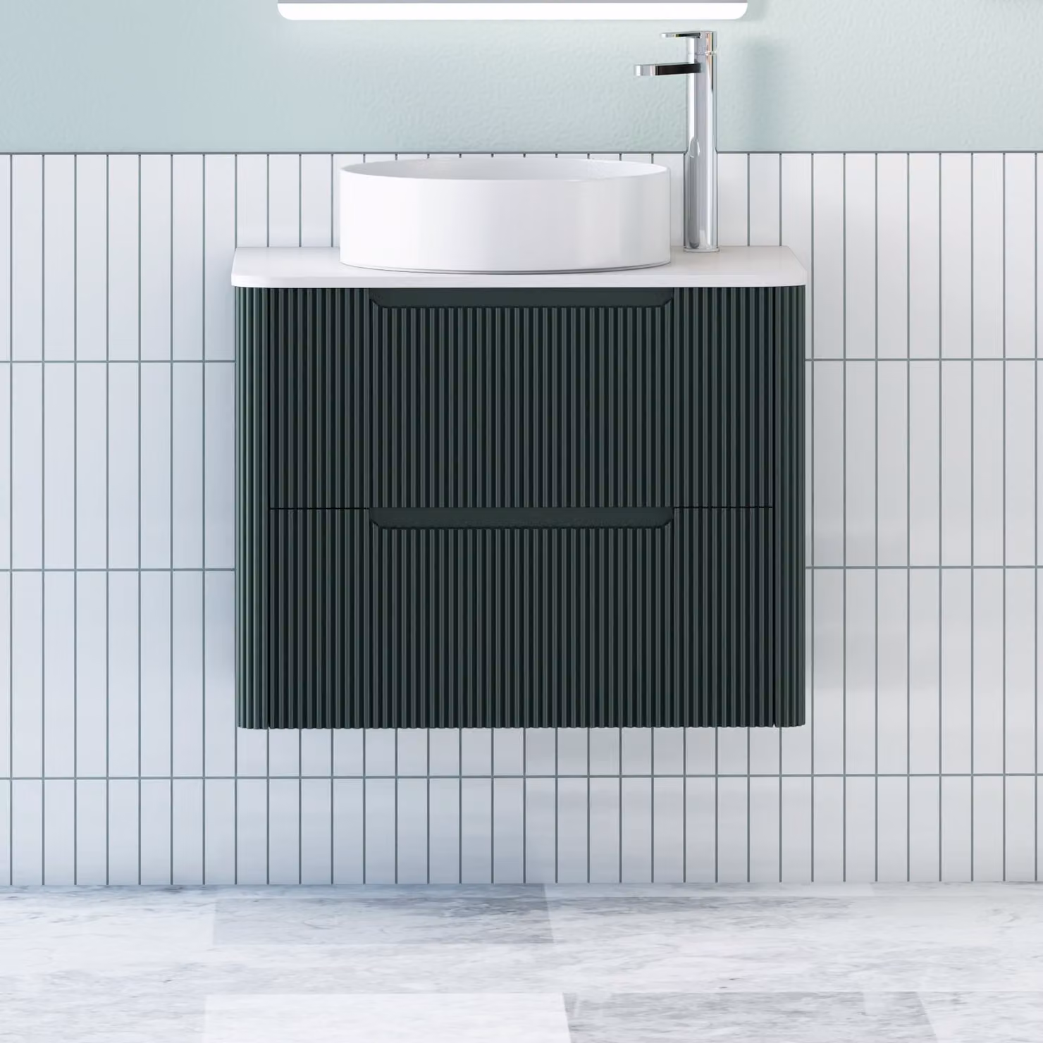 Royal Bathrooms Avenza Wall Hung Vanity Unit in Moss Green with 2 Drawers, Plain White Worktop and Art Round Basin