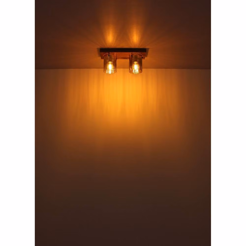Netlighting Underwood Cluster Ceiling Light in Brown with Wood Look and Smoke Glass, 2x E27 – 2
