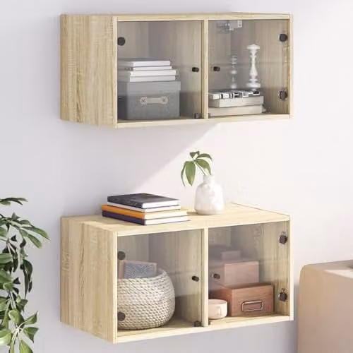 vidaXL Sonoma Oak Wall Cabinets with Glass Doors, Brown Modern Wall-Mounted Storage Units, W/D/H: 68.5 x 37 x 35 cm – 2