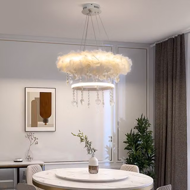 Livingandhome Double-Layer Feather and Crystal LED Suspended Pendant Light in White