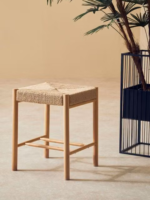 Orsina Rustic Beechwood Stool with Handwoven Hemp Rope in Beige, H 45 cm x W 35 cm x D 35 cm – 2