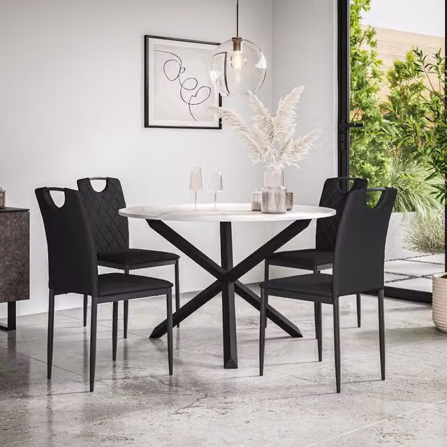 More4Homes Malvern Round Dining Table and 4 Monza Faux Leather Chairs Set, Marble Top with Black Oak Legs, White and Black
