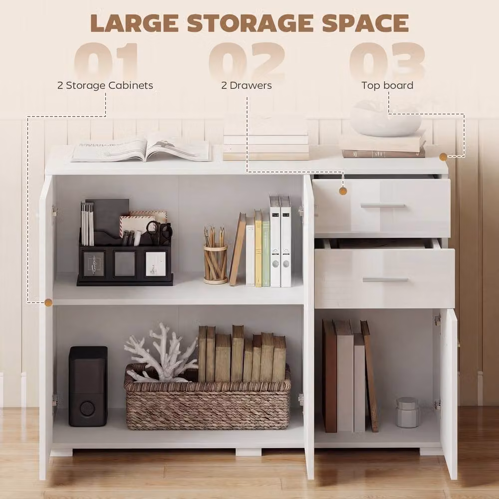 HOMCOM Modern High Gloss White Sideboard Kitchen Storage Cabinet – 3