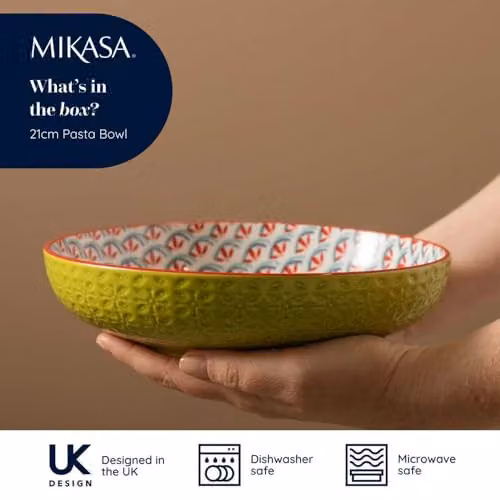 Mikasa Green Geometric Glazed Stoneware Pasta and Salad Coupe Bowl, 21 cm – 3
