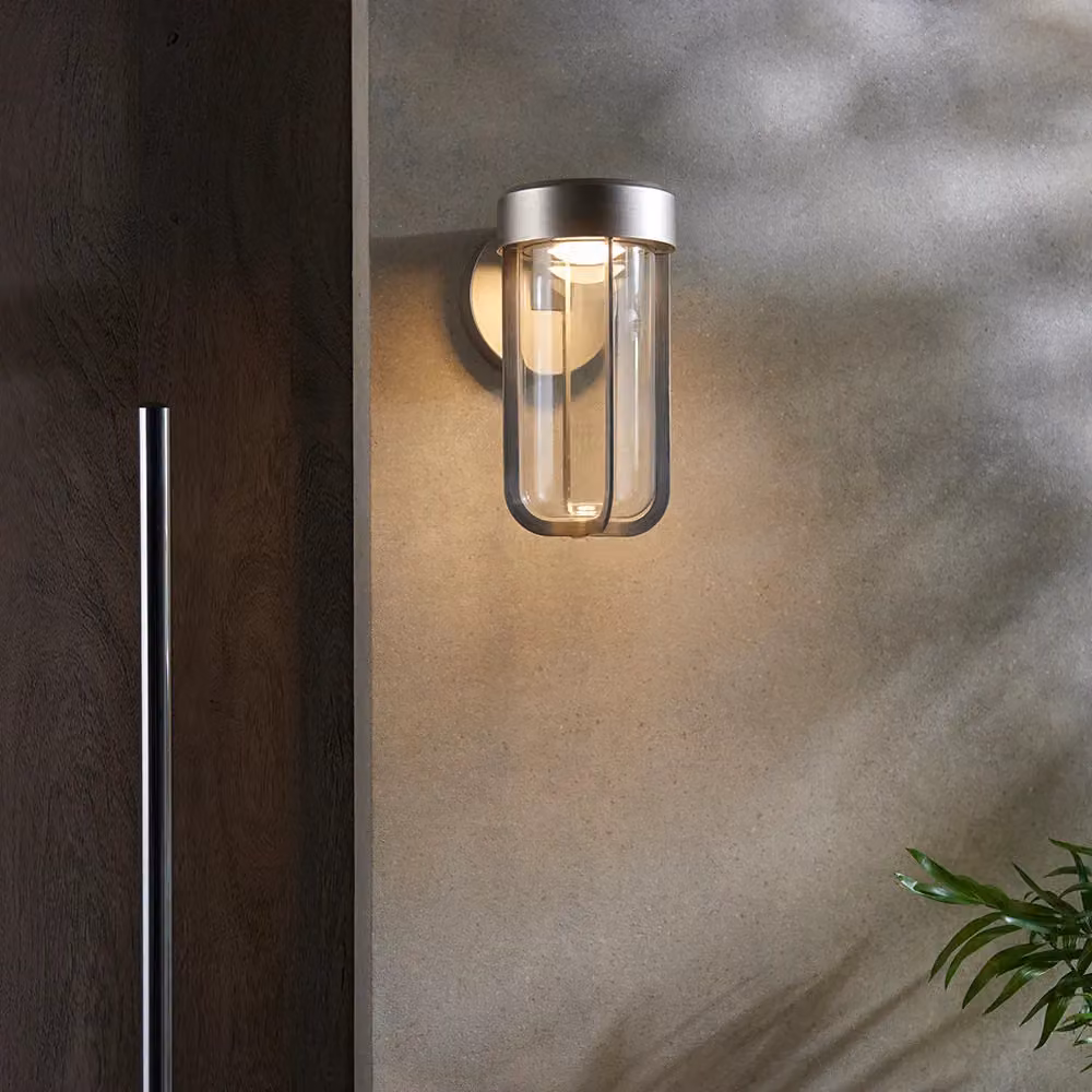 Loops Brushed Silver Outdoor Wall Light with Transparent Glass Shade, IP44 Rated, Integrated Warm White LED – 3