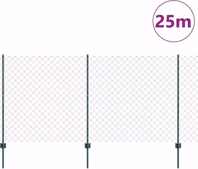 Berkfield Home Green Steel Chain Link Fence with 22 U-Profile Posts, W: 25 m, H: 1.2 m – 1