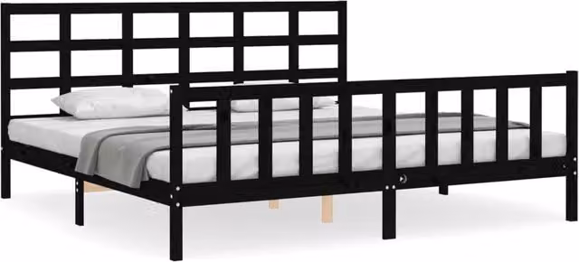 Berkfield Home Solid Pine Bed Frame with Headboard in Black, 200 x 200 cm