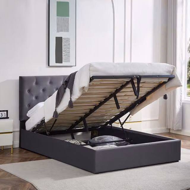 FURNITURE ONE Ottoman Storage Bed Frame in Grey with Adjustable Headboard and Lift Up Base, Size: Double (W/D/H: 140 x 200 x 118 cm) – 1