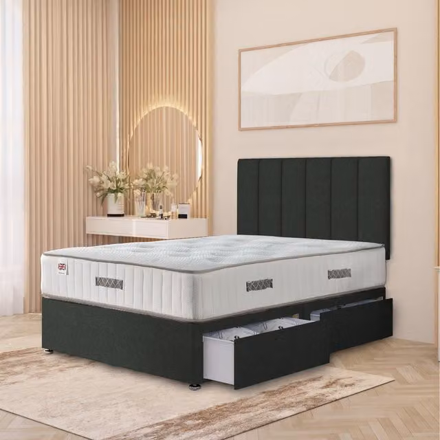 Somnior Beds Ltd Austin Hybrid Orthopaedic Divan Bed with Drawers and 32 inch Headboard, Anthracite Grey Fabric, W/D/H: 180 x 200 cm