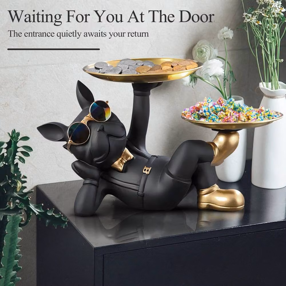 Huhote Black Lying French Bulldog Statue with Tray for Tabletop Decor – 6