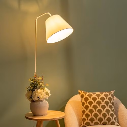 ValueLights Large Wooden Floor Lamp with White Fabric Tapered Shade and LED Bulb – 3