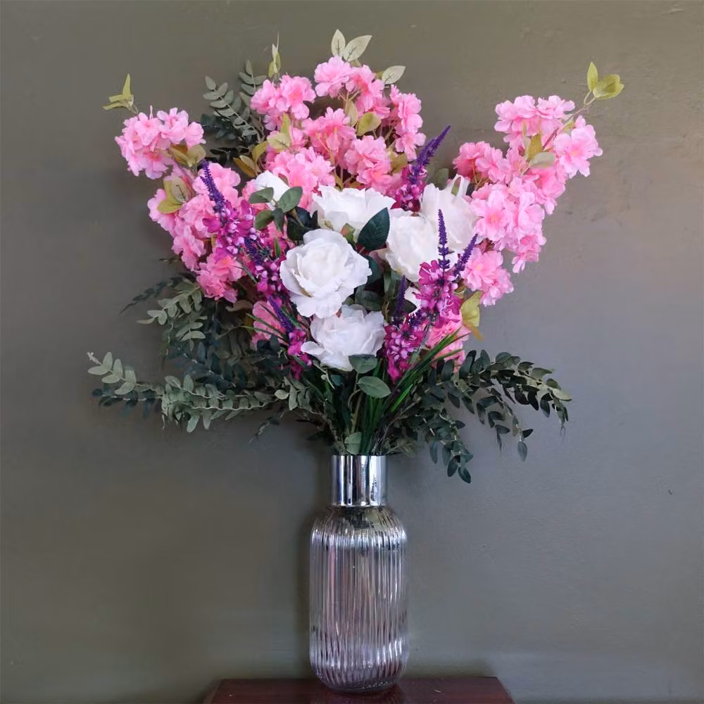 Leaf Artificial Pink and White Rose Blossom Arrangement in a Glass Vase, Height: 100 cm – 2