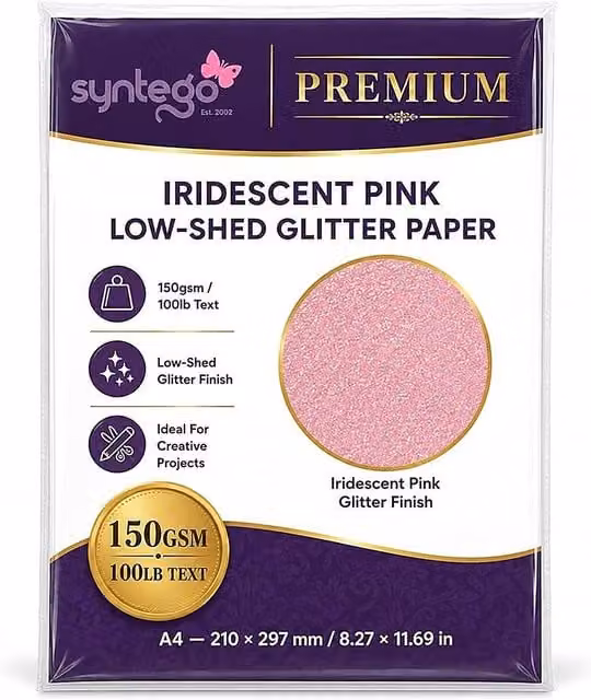 Syntego 10 Sheets of A4 Pink Iridescent Soft Touch Glitter Construction Paper
