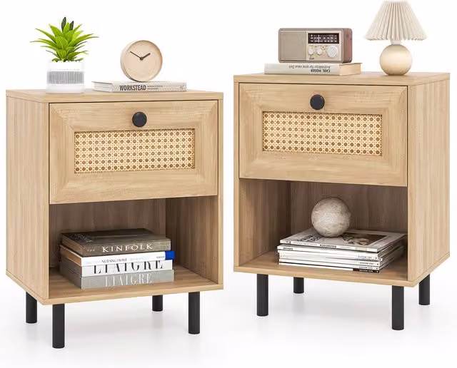 COSTWAY Set of 2 Boho Rattan Nightstands with Drawers in Beige and Brown