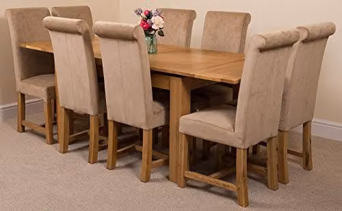 Oak Furniture King Richmond Solid Oak 8 Seater Extending Dining Table and Washington Beige Fabric Upholstered Chairs Set – 1