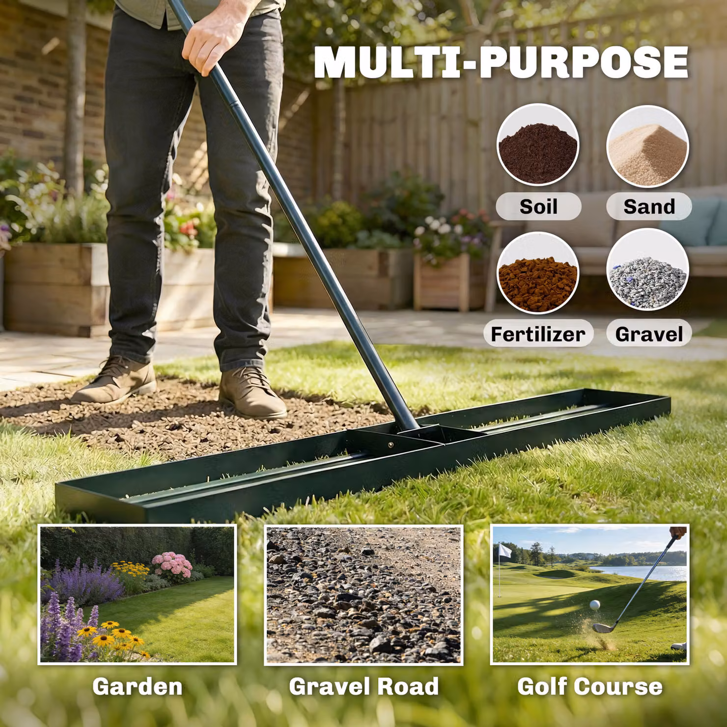 Outsunny Lawn Levelling Rake with 169 cm Handle, Green Metal Lawn Leveller Lute for Grass, Soil, Sand and Golf Courses – 5
