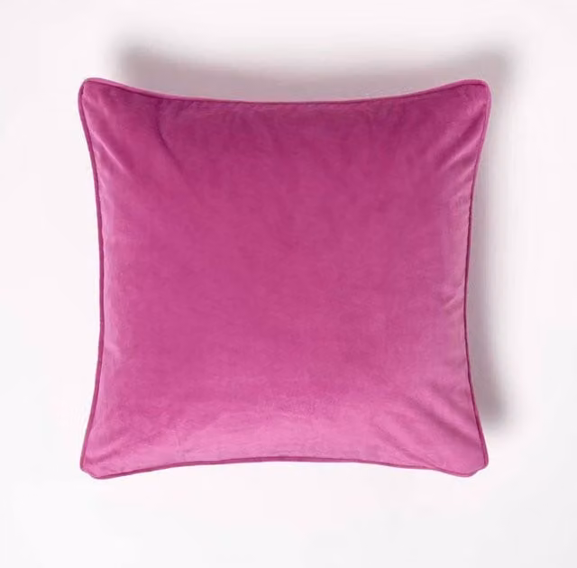 Homescapes Pink Velvet Square Cushion with Microfibre Insert, W/D/H: 46 x 46 x 46 cm
