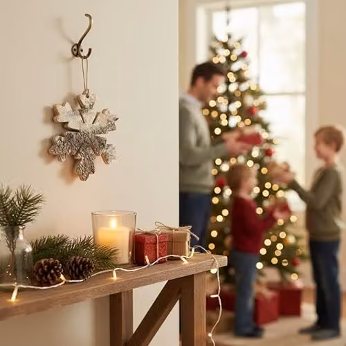 SHATCHI White Snowflake Shape Birch Bark Wooden Christmas Hanging Decoration, Diameter: 16 cm – 5