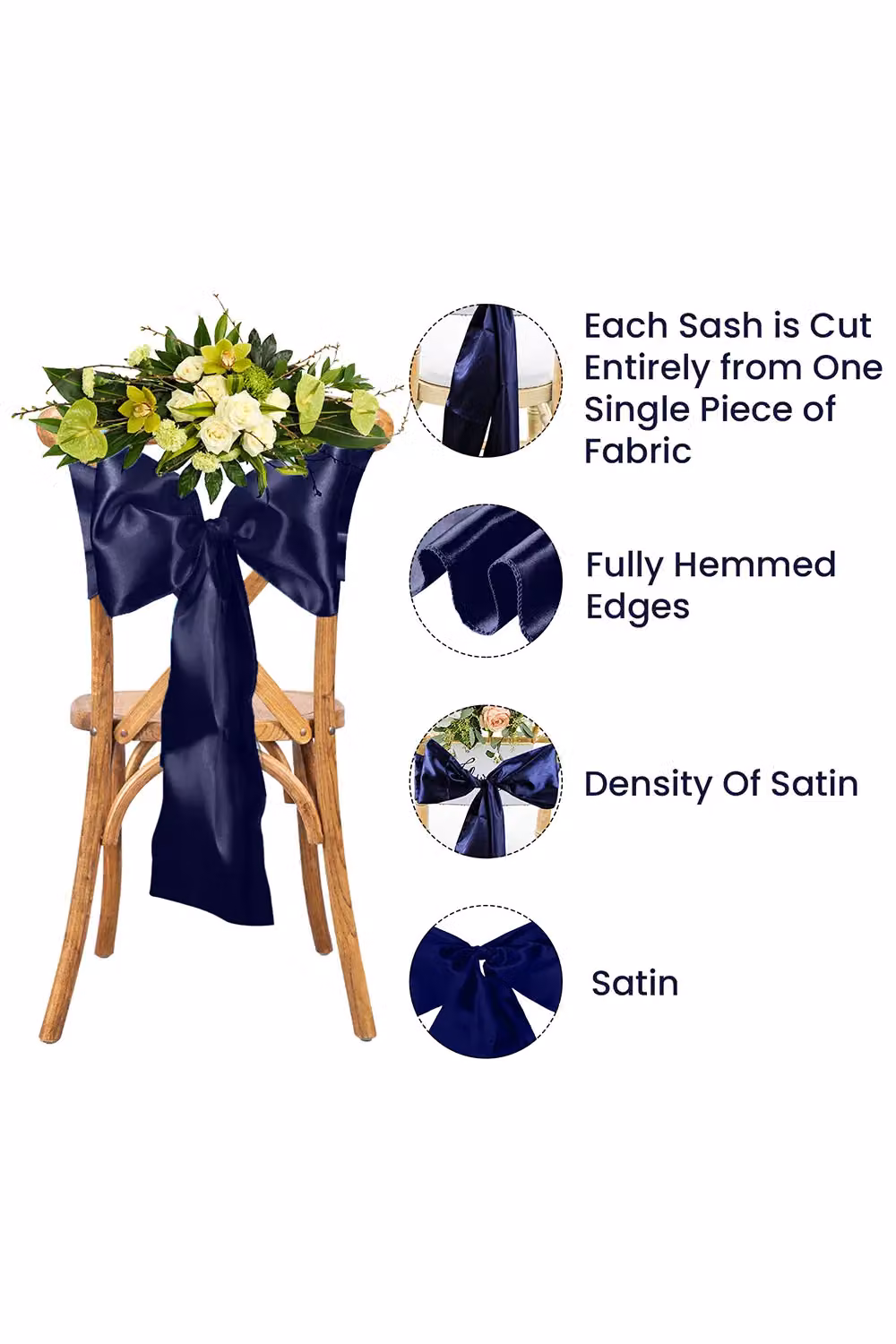 Neel Blue Satin Chair Sashes for Wedding and Birthday Party Decoration, Navy Blue, W: 17.78 cm, L: 274.32 cm – 4