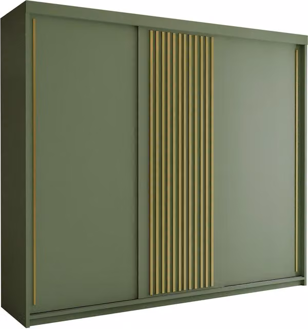 Palermo Sliding Door Wardrobe in Green and Gold with Integrated Drawers, W: 250 cm, H: 217 cm, D: 62 cm