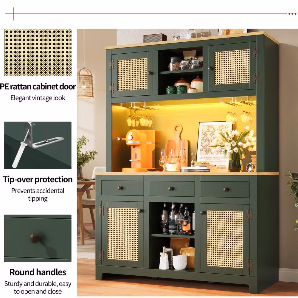 STILVORA Vintage Tall Storage Cabinet in Green with Rattan Details, Integrated Lighting and Drawers – 7