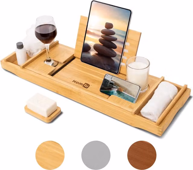 Homiu Adjustable Bamboo Extending Bath Caddy in Natural Brown