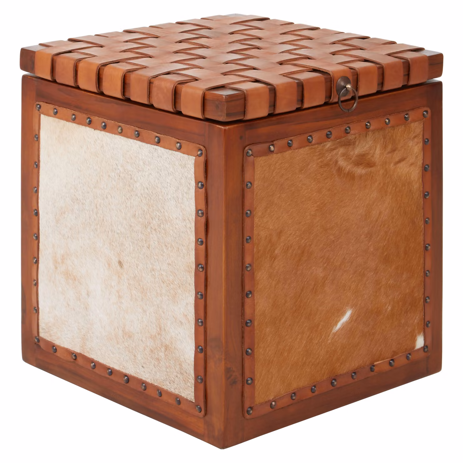 Orsina Brown Storage Stool with Teak Wood Seat and Hair-on-Leather Base – 2