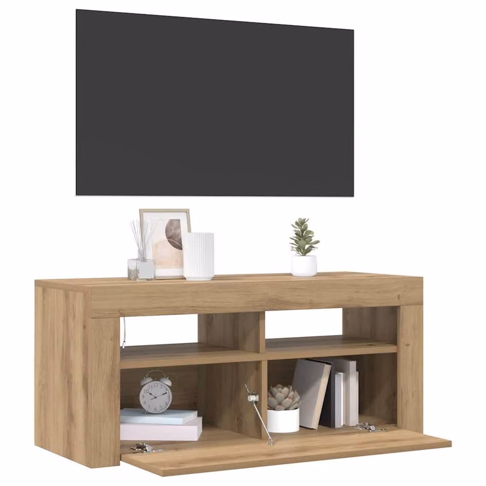 Berkfield Home Artisan Oak TV Cabinet with LED Lights, Brown, W/D/H: 90 x 35 x 40 cm – 4