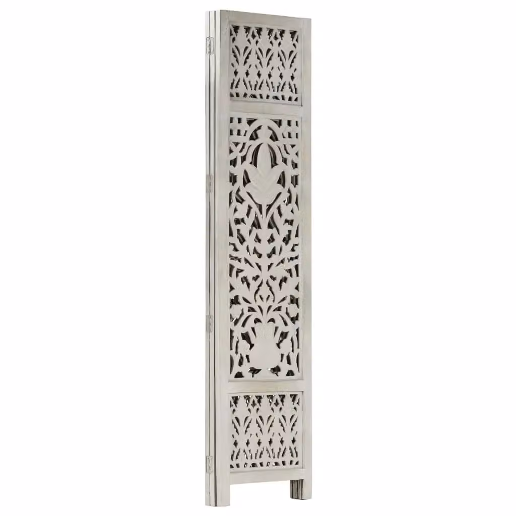 Berkfield Home Hand Carved 3-Panel Floral Room Divider in Grey Solid Mango Wood, W: 120 cm, H: 165 cm – 2