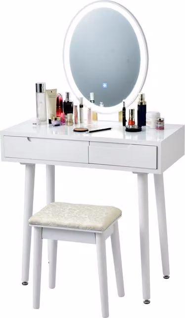 Costway Modern White Vanity Table Set with Hollywood LED Lighted Mirror and Rubberwood Construction