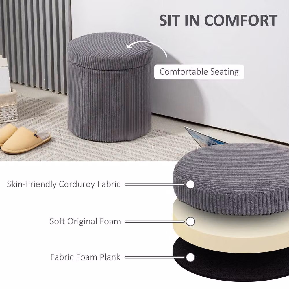 STILVORA Grey Fabric Cylindrical Storage Ottoman with Hidden Storage – 3