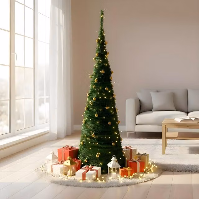 Shatchi 5ft Prelit Pop Up Christmas Tree with Warm White LED Lights and Gold Baubles, Green, H 150 cm x W 60 cm x D 60 cm