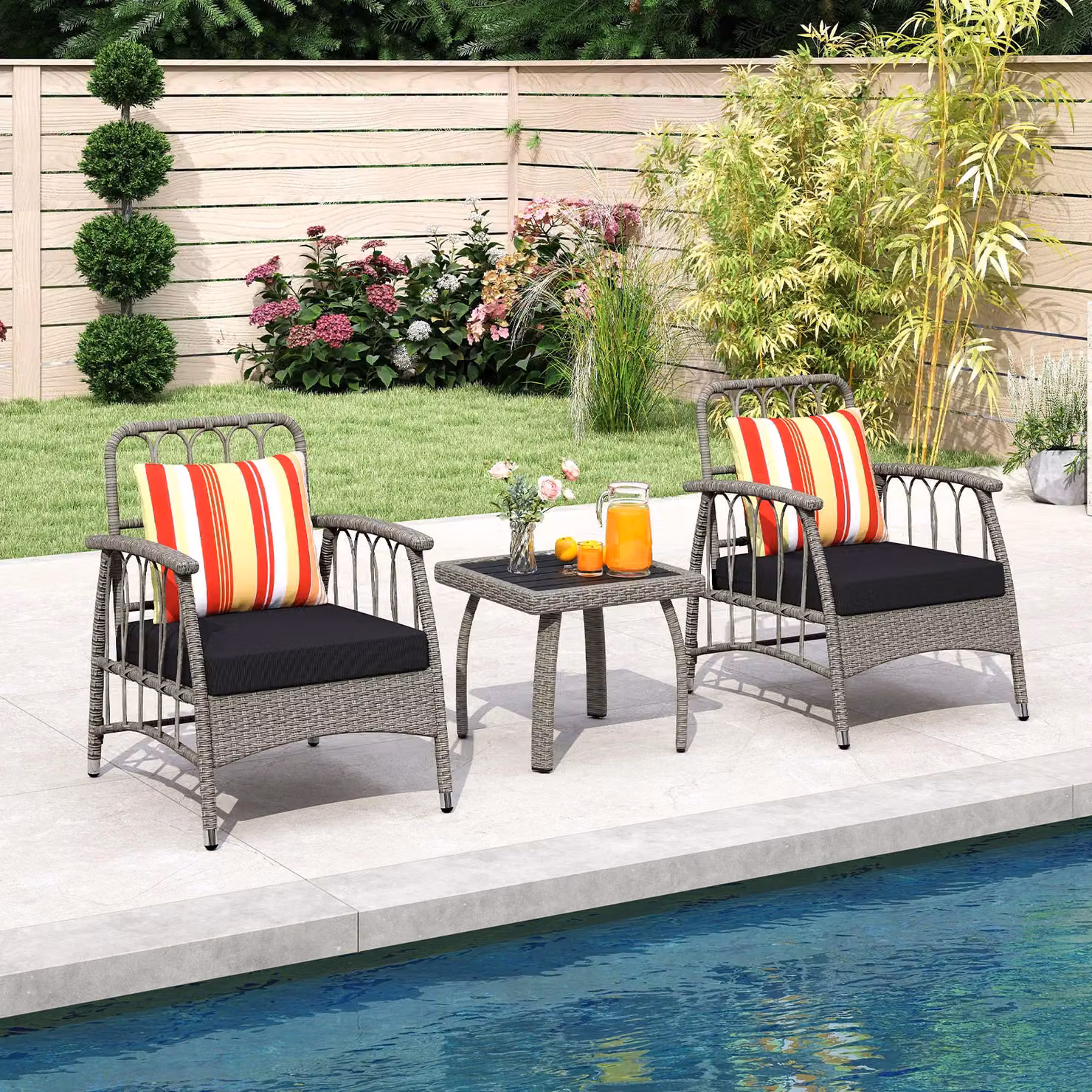 Costway 3 Piece Grey PE Wicker Patio Furniture Set with Coffee Table and Armchairs – 7