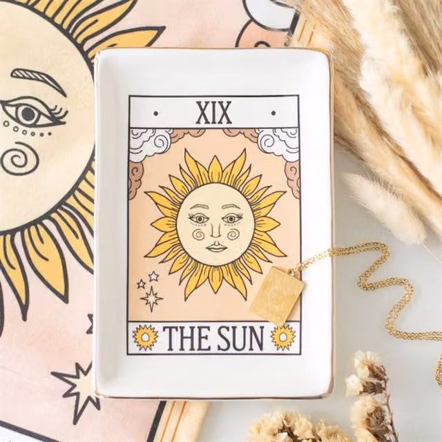 The Sun Vintage Tarot Ceramic Trinket Tray in White and Gold