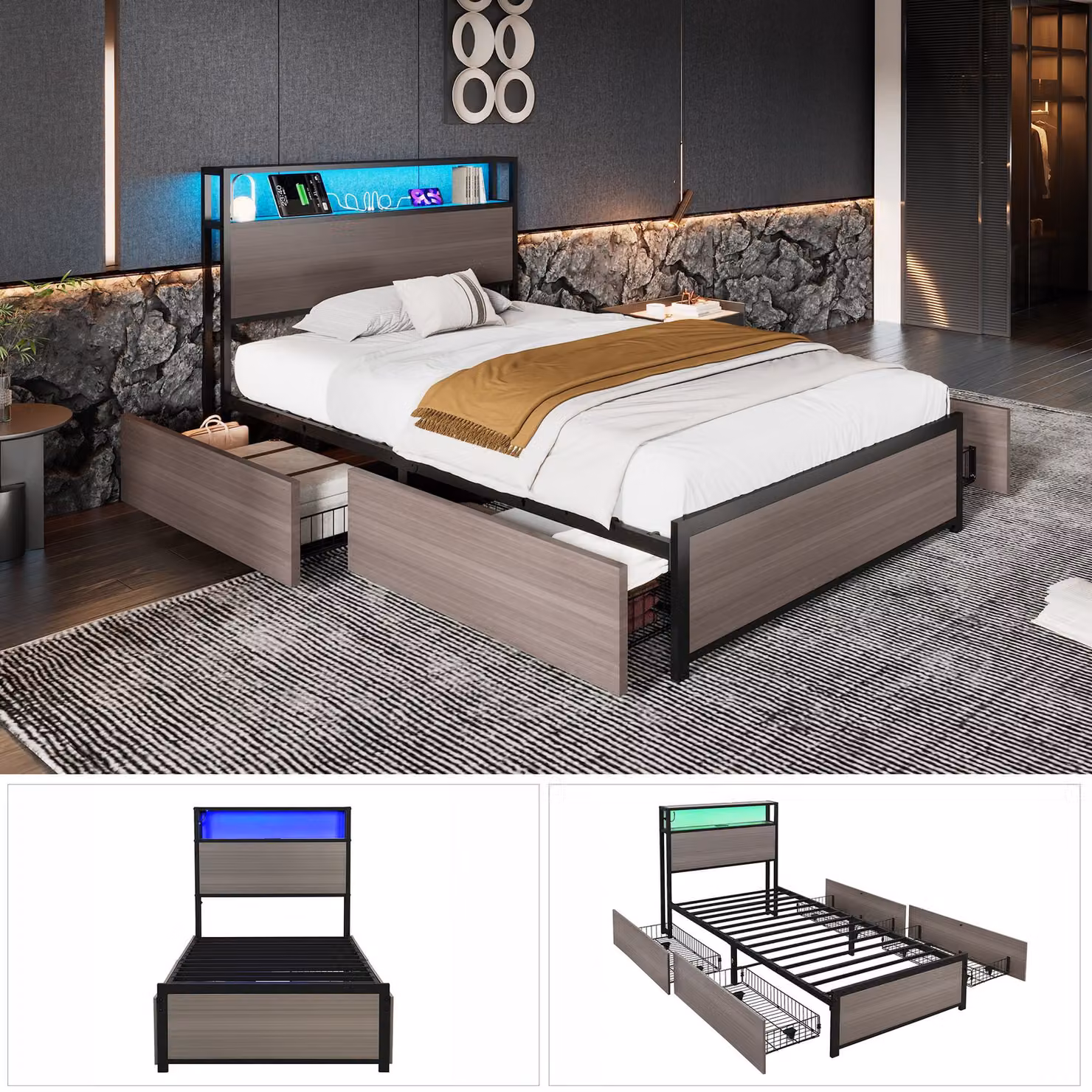 Aosom.UK Metal Single Bed in Grey with LED Light Strip, 4 Drawers and 3 USB Ports, W/D/H: 90.5 x 207 x 105 cm – 4