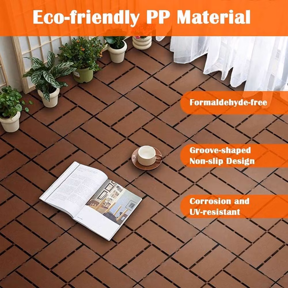 FLAVORA Brown Anti-Slip Interlocking Plastic Deck Tiles, W/D/H: 44 x 30 x 30 cm – 5